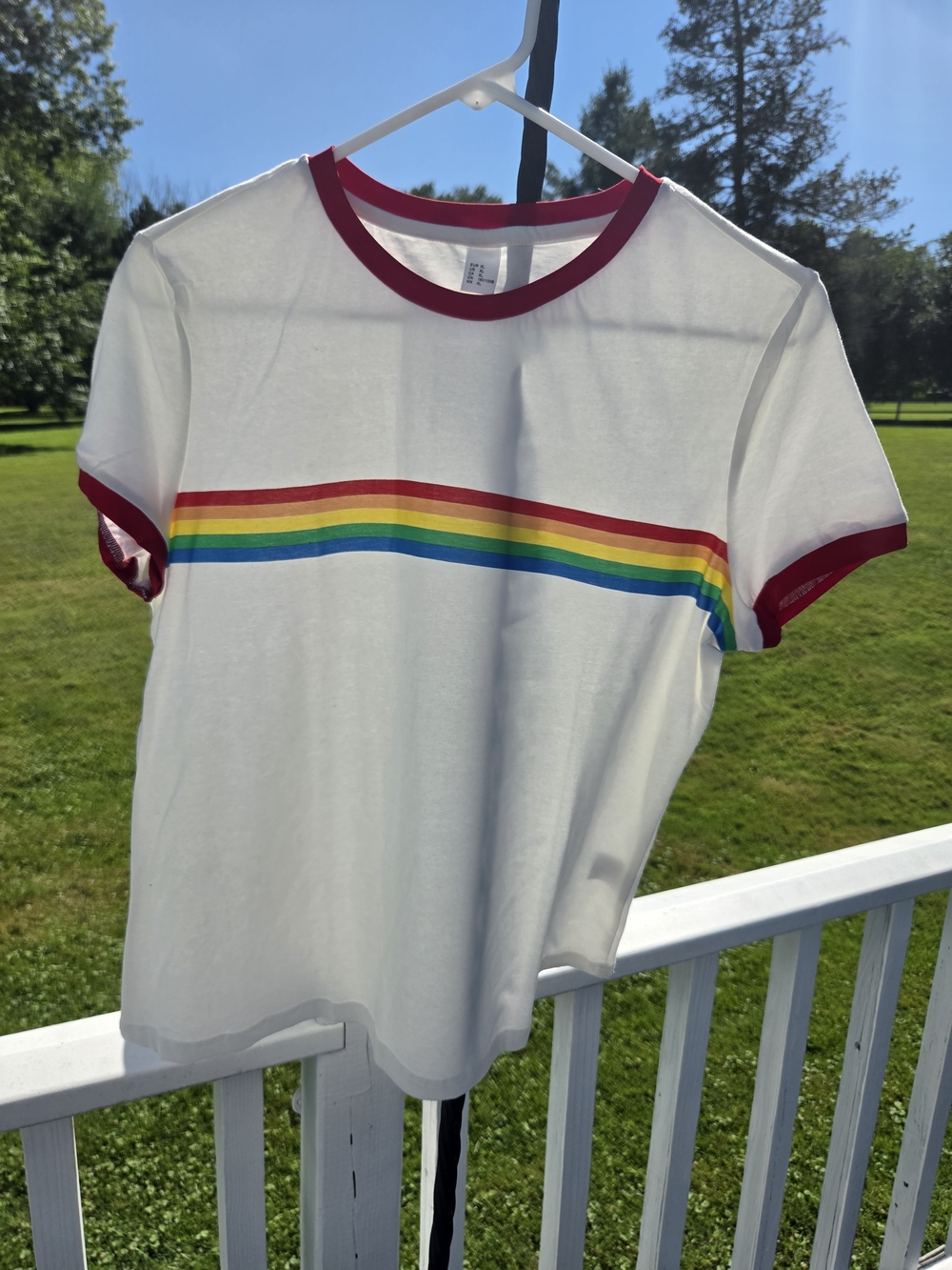White Tee with Rainbow Stripe and Red Trim